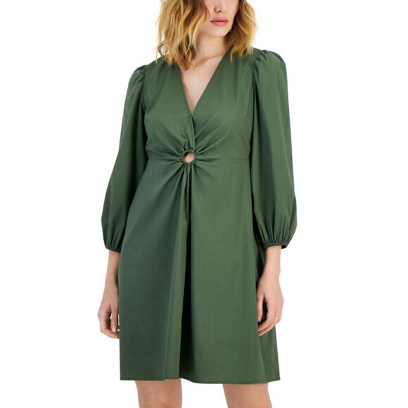 I.N.C. International Concepts Women's Green V-Neck Puff Sleeve Mini Dress NWT - Picture 4 of 7